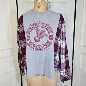 Upcycled‎ Beets grey tshirt burgundy plaid flannel OS